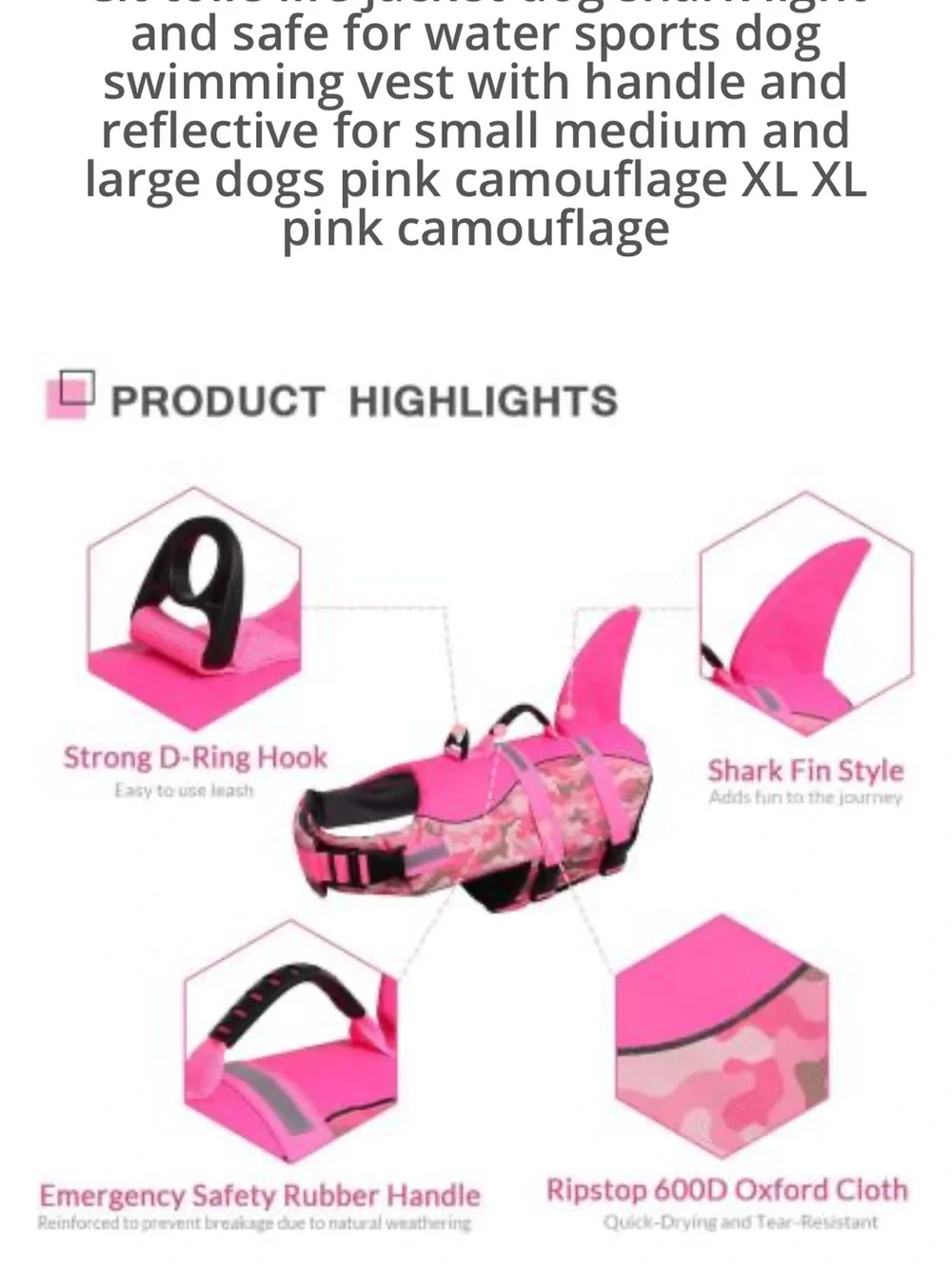 Pink Camo Dog Life Jacket with Handle and shark Fin